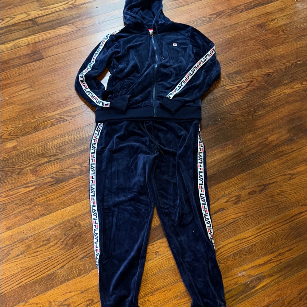 FILA Sz L UNISEX Dark Blue VELOUR and Red/White stripe detail Apparel - Picture 2 of 11